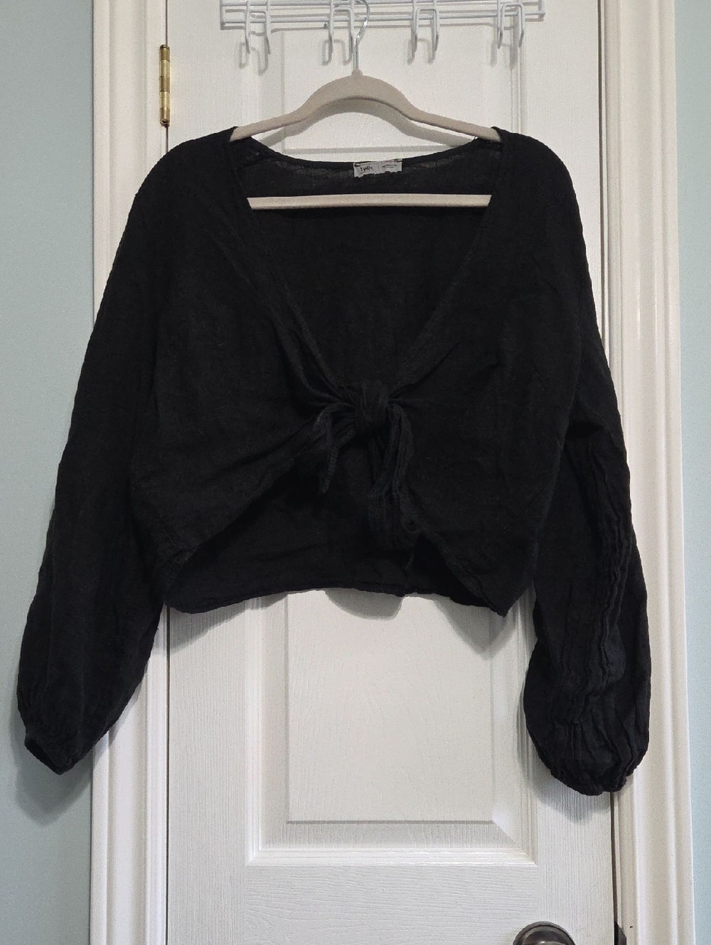 twik Black Linen Tie-Front Balloon Sleeve Crop Top